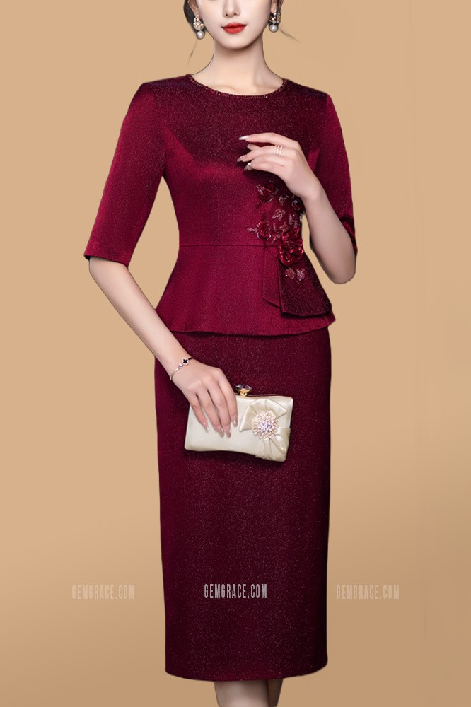 Beaded Round Neck Sheath Wedding Guest Dress with Half Sleeves E86008 ...