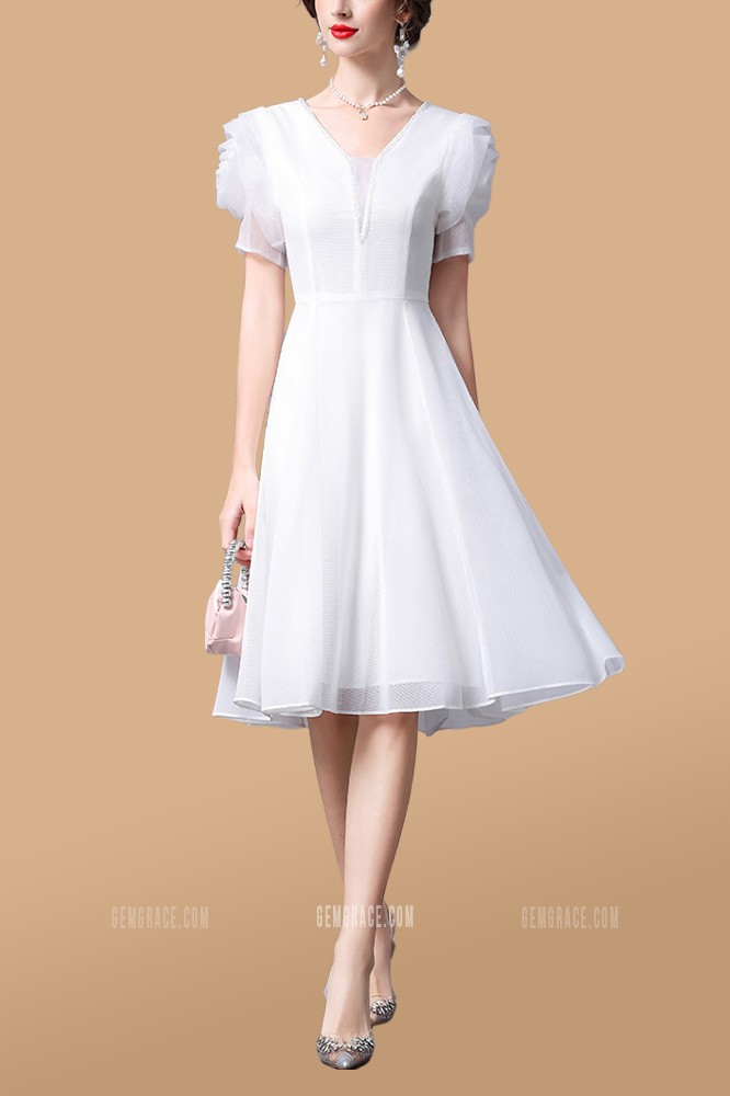 Beaded Vneck Short Bubble Sleeved Wedding Party Dress E86110 - GemGrace.com
