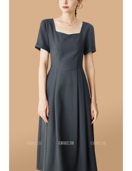 Square Neckline Aline Semi Formal Dress with Short Sleeves