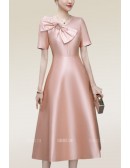 Elegant Beaded Bow Knot Aline Wedding Guest Dress with Short Sleeves