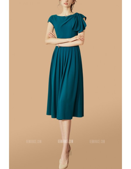 Pretty Pleated Aline Wedding Guest Dress with Cap Sleeves