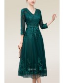 Vneck Embroidered Lace Tulle Wedding Guest Dress with Long Sleeves