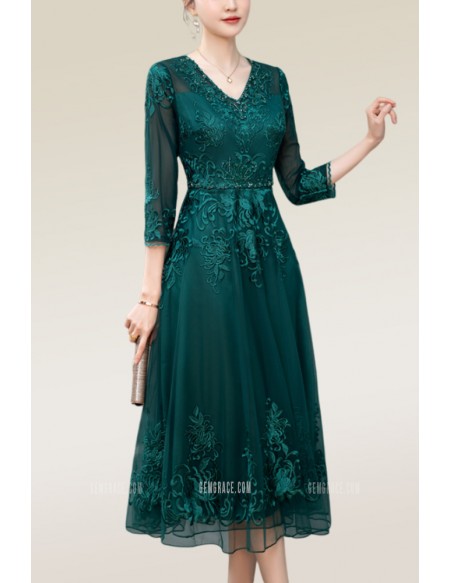 Vneck Embroidered Lace Tulle Wedding Guest Dress with Long Sleeves