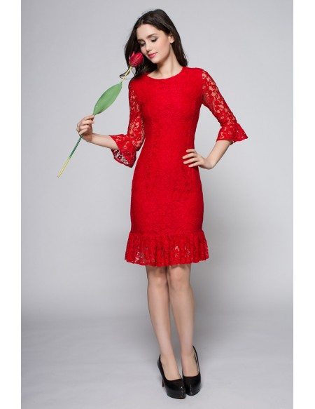 Romantic Rose Red Three Quarter Lace Sleeve Dress