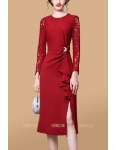 Lace Long Sleeved Sheath Wedding Guest Dress with Ruffles