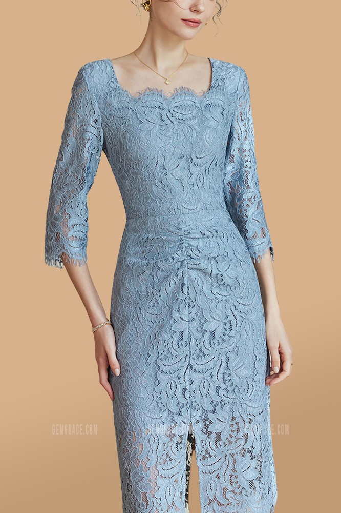 Chic Lace Appliqued Strapless Sheath Cocktail Dress Steel Grey