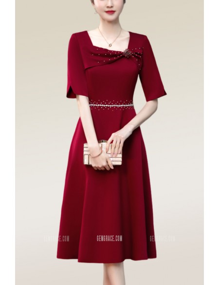 Beaded Square Neckline Knee Length Party Dress with Sleeves