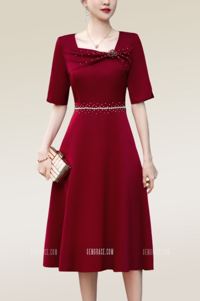 Beige Square Neck Beaded Long Sleeves Back Slit Sheath Evening Dress