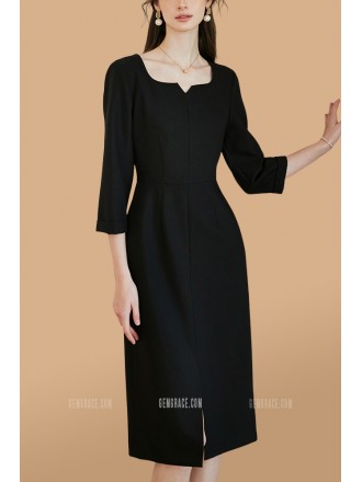 Simple Square Neckline Knee Length Dress with Sleeves