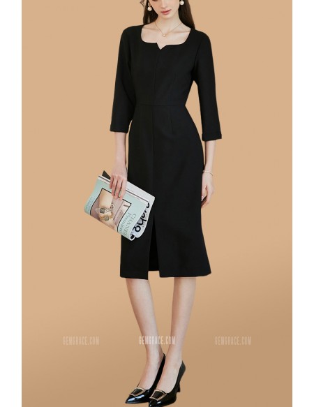 Simple Square Neckline Knee Length Dress with Sleeves