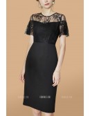 Illusion Lace Neckline Sheath Black Party Dress Short Sleeves