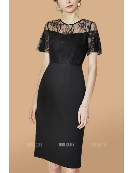 Illusion Lace Neckline Sheath Black Party Dress Short Sleeves