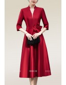 Stand Collar Vneck Aline Wedding Guest Dress with Half Sleeves