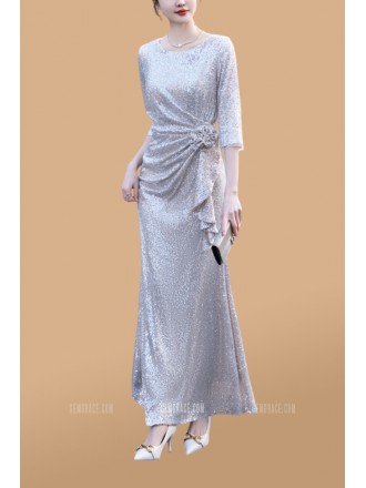 Elegant Silver Sequined Wedding Guest Dress with Half Sleeves