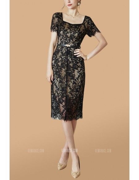 Black Lace Knee Length Cocktail Dress with Short Sleeves