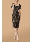 Black Lace Knee Length Cocktail Dress with Short Sleeves
