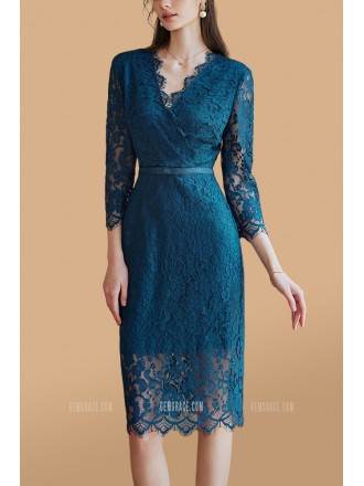 Gorgeous Vneck Sheath Lace Wedding Guest Dress with 3/4 Sleeves