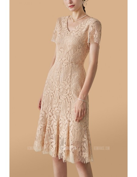 Elegant Vneck Lace Wedding Guest Dress with Short Sleeves