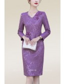 Sheath Vneck Lace Cocktail Party Dress with Long Sleeves