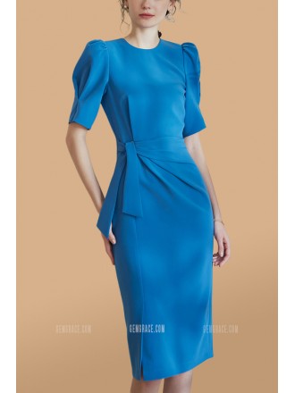 Bubble Sleeved Sheath Party Dress with Sash