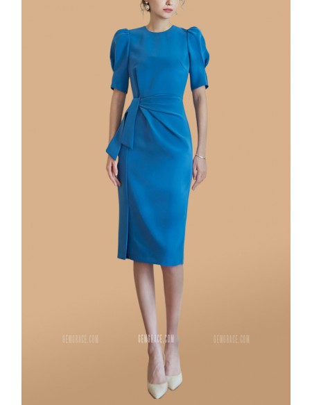 Bubble Sleeved Sheath Party Dress with Sash