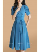 Vneck Aline Wedding Guest Dress with Bubble Short Sleeves