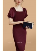 Square Neckline Sheath Party Dress with Bubble Sleeves