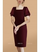 Square Neckline Sheath Party Dress with Bubble Sleeves