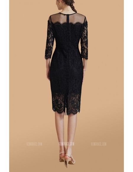 See-through Black Lace Sheath Wedding Guest Dress with 3/4 Sleeves
