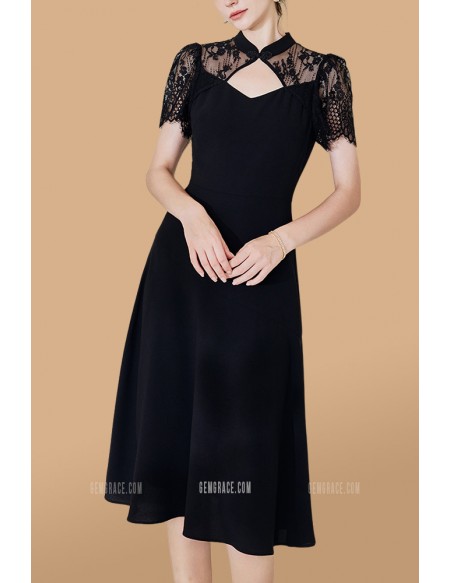 Lace Short Sleeved Qipao Collar Aline Wedding Guest Dress
