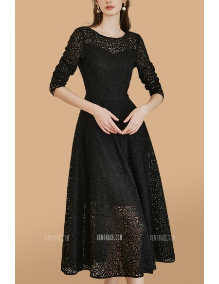 Vintage Tea Length Lace Wedding Guest Dress with Long Sleeves