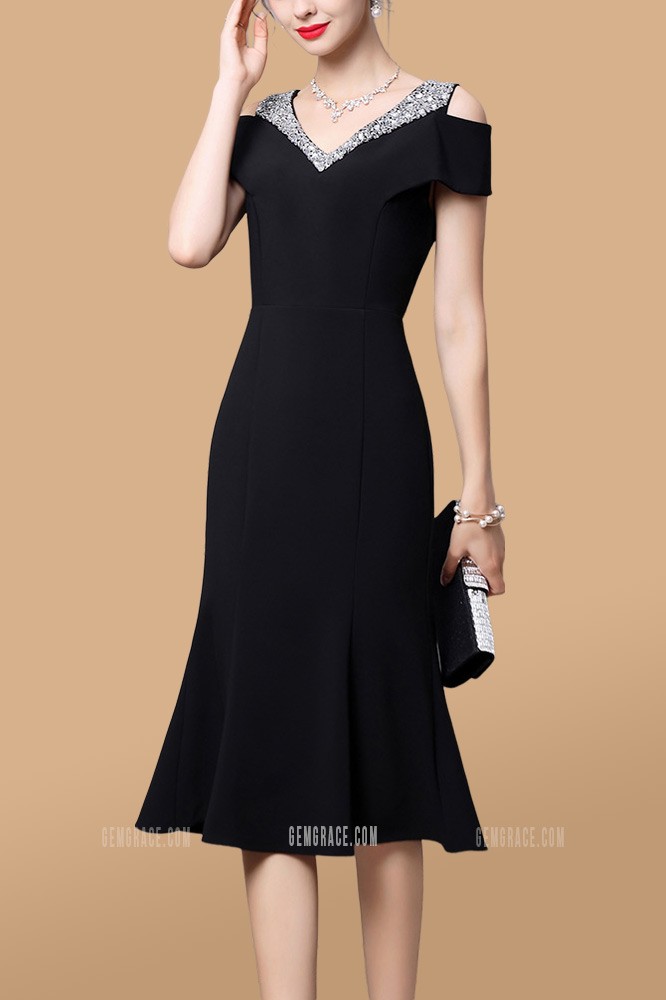 Sequined Vneck Fishtail Wedding Guest Dress with Cold Shoulder E86115 ...