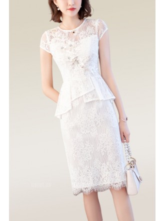 White Lace Bodycon Wedding Party Dress with Cap Sleeves