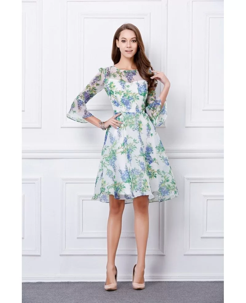 Summer Floral Printe A-Line Chiffon Knee-Length Wedding Guest Dress # ...