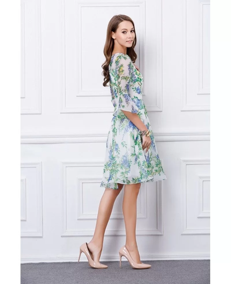 Summer Floral Printe A-Line Chiffon Knee-Length Wedding Guest Dress # ...