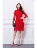 Elegant High Neck Lace Short Formal Dress With Sleeves