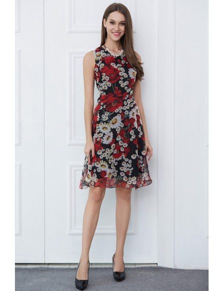 Summer Floral Print Chiffon Knee-Length Wedding Guest Dress