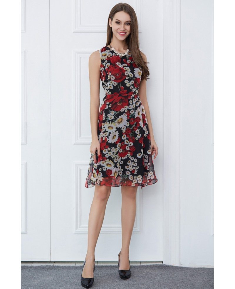 Summer Floral Print Chiffon Knee Length Wedding Guest Dress Dk347 744 3054