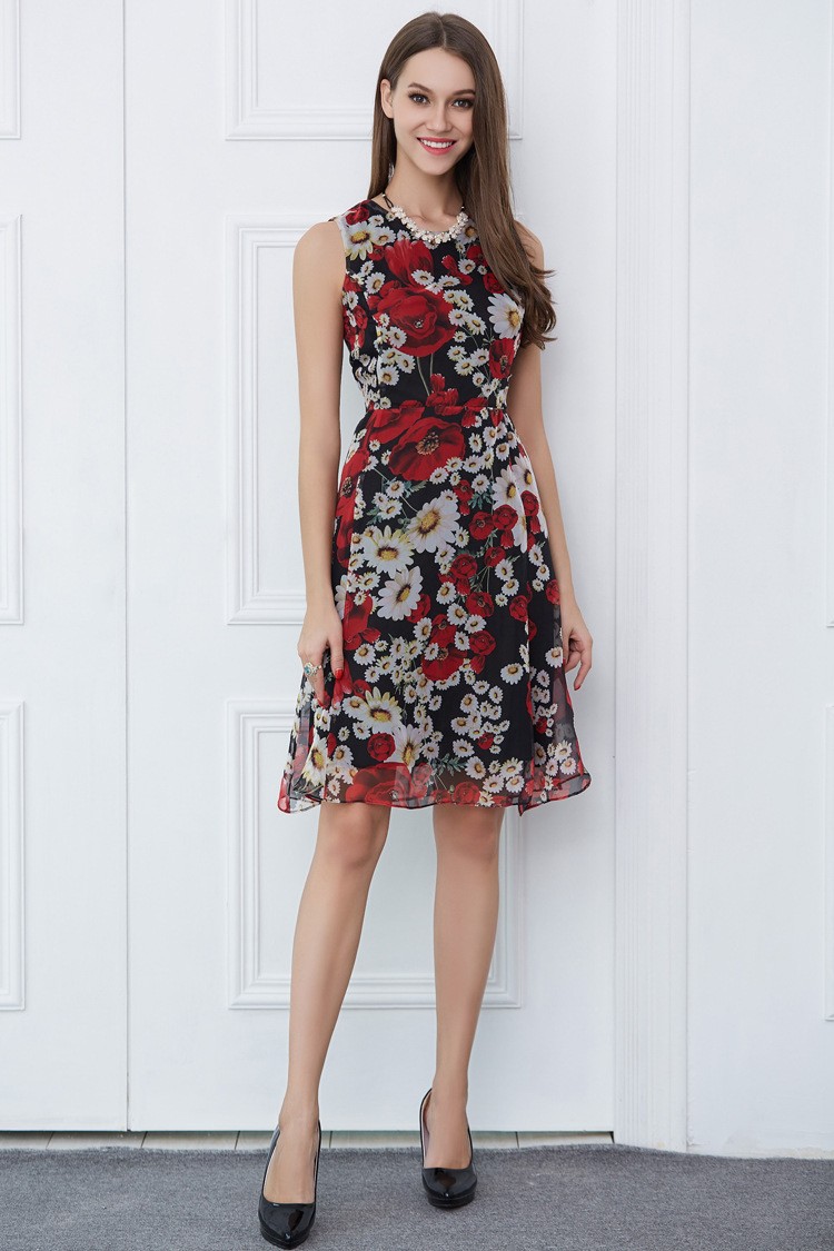 Summer Floral Print Chiffon Knee-Length Wedding Guest Dress Summer Floral Print Chiffon Knee-Length Wedding Guest Dress