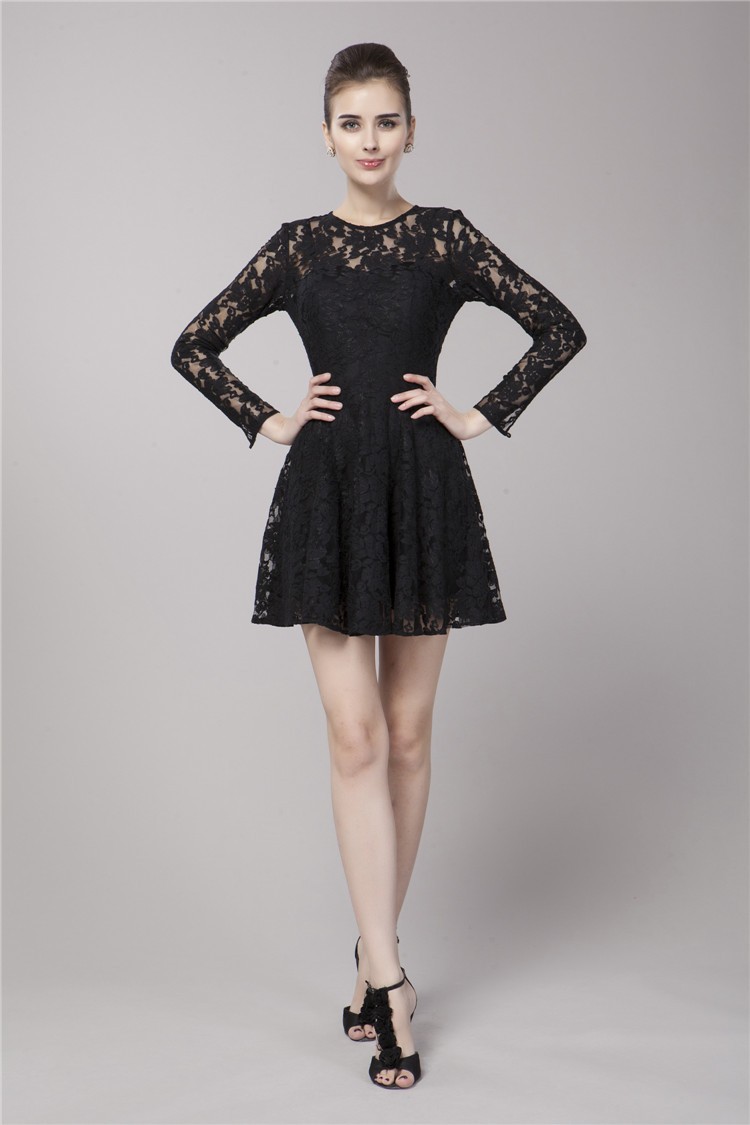 Long Black Lace Sleeve Mini Dress Black #DK86