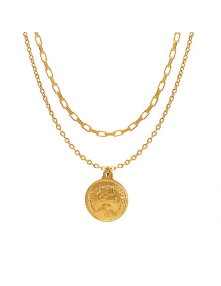 Layered Queen Round Pendant Gold Plated Necklace