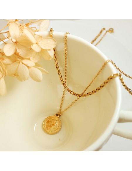 Layered Queen Round Pendant Gold Plated Necklace