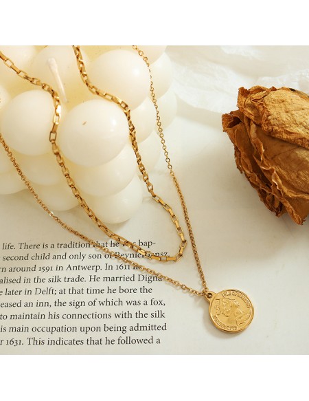 Layered Queen Round Pendant Gold Plated Necklace