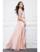 Feminine V-neck Chiffon Lace Long Prom Dress With Short Sleeves