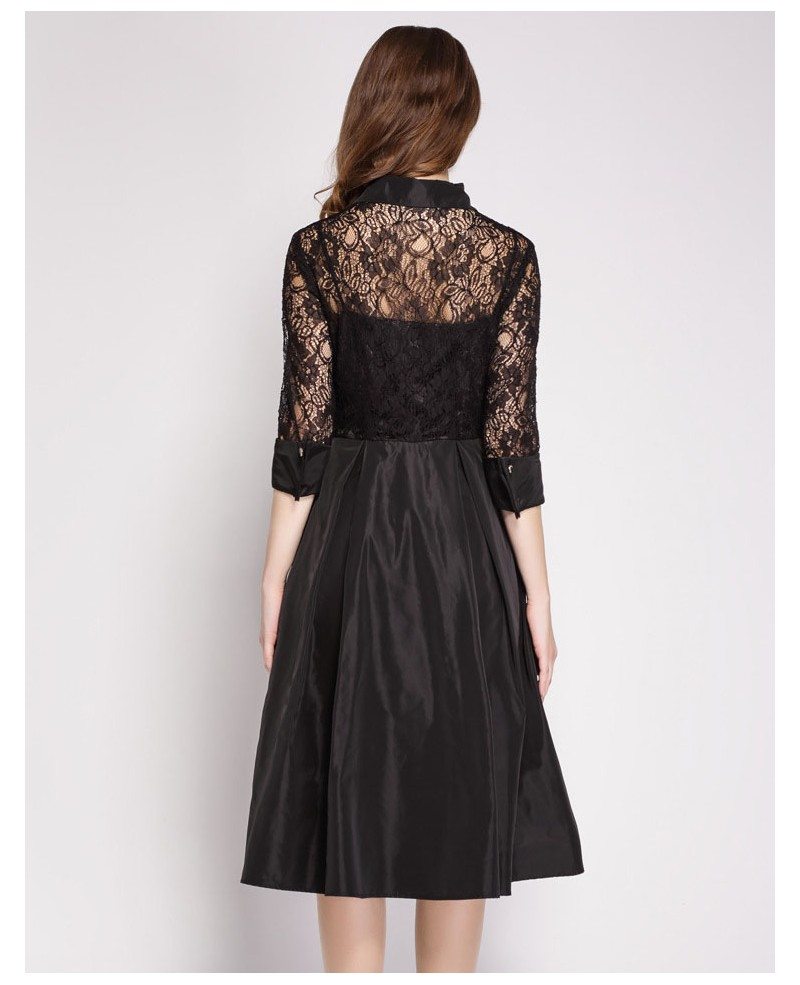 Black Lace Knee Length Dress with Half Sleeves -GemGrace