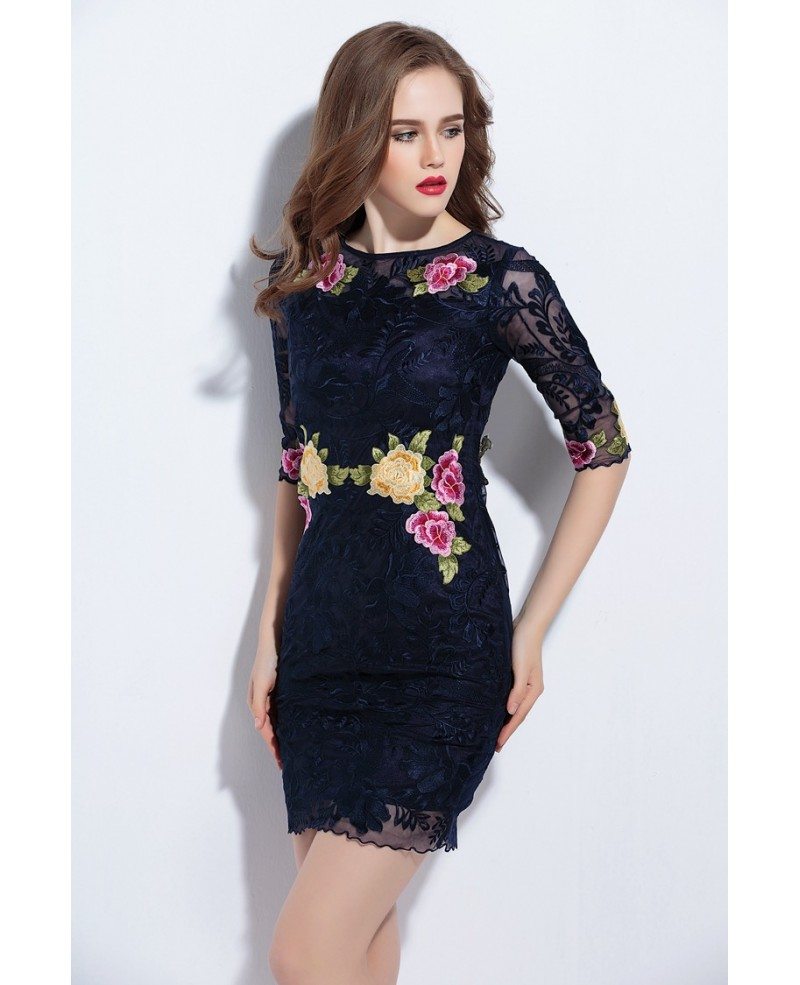 Lace Floral Short Dress with Half Sleeves -GemGrace