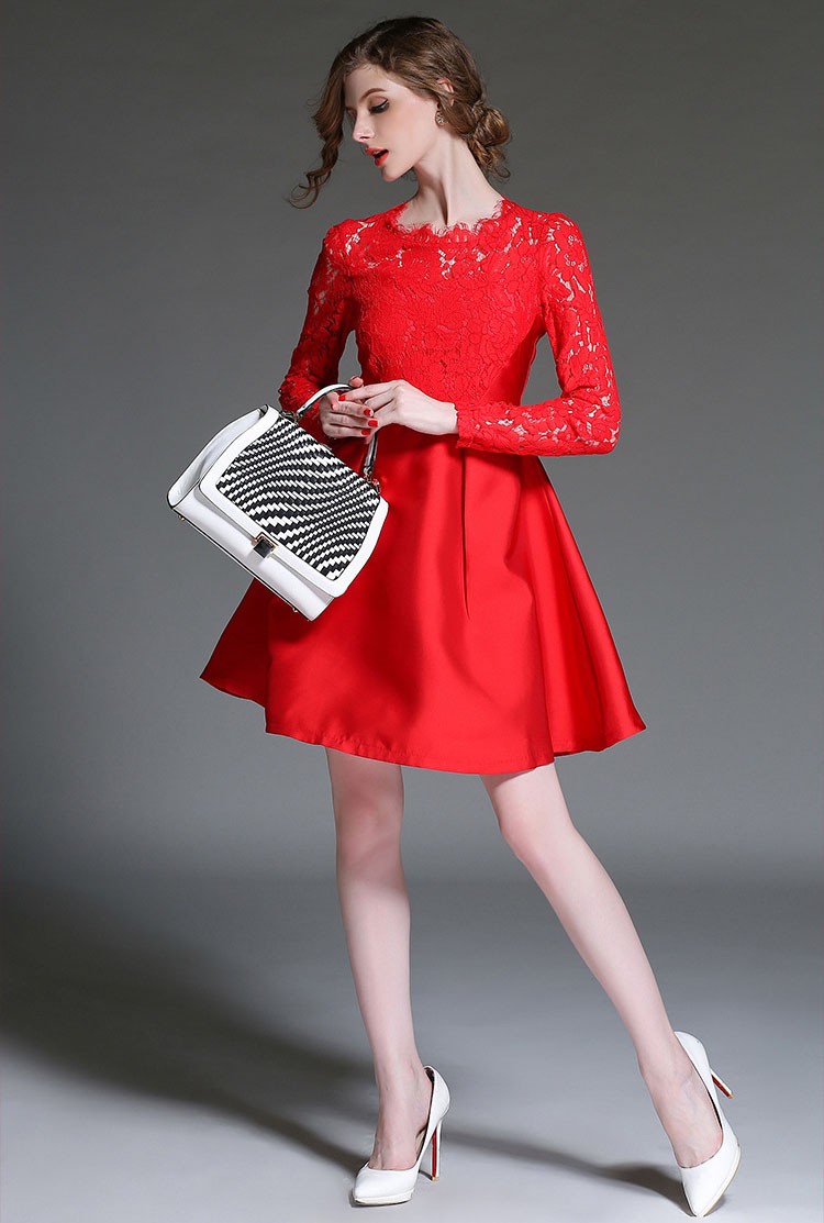 open lace back dress Sheer Scalloped-Lace Long-Sleeve Mini Dress in Wine Red - XL