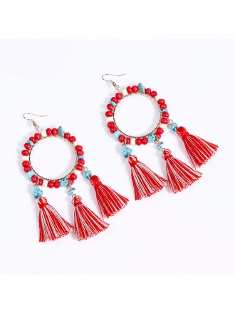Retro Ethnic Geometric Stone Wood-beads Tassel Earrings Wholesale