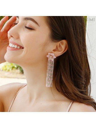 Unique Ethnic Handmade Beaded Flower Tassel Long Purple Earrings
