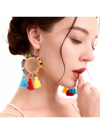 Vintage Handmade Rattan Circle Tassel Earrings With Colorful Beads